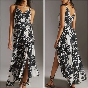 Hutch Anthropologie Wrap Maxi Dress Sleeveless Waist Tie Floral Black White XS